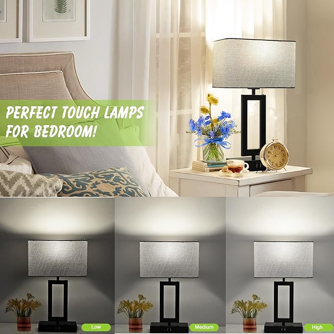 Touch Control Bedside Lamps for Bedrooms Set of 2 Table Lamps for Nightstand with Dual USB Ports, 3-Way Dimmable Modern Desk Lamps for End Table Living Room Office Home Study Room, Grey&Black
