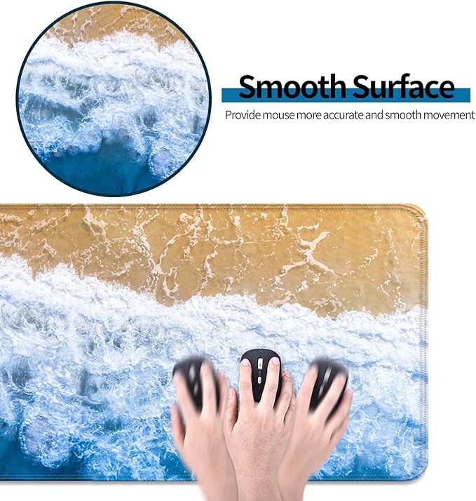 Beach Ocean Waves Gaming Desk Mat, Computer Keyboard Large Extended Sea Mouse Pad for Office and Home, 31.5×11.8 Inches, XL, Blue