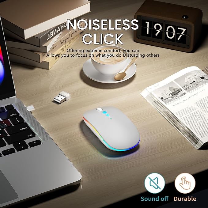 Halpilt LED Wireless Mouse A100S Rechargeable Portable Silent Mouse with Optional USB and Type-C Receiver 3-Speed Adjustable DPI for PC/Mac/Laptop (Frosted Silver)