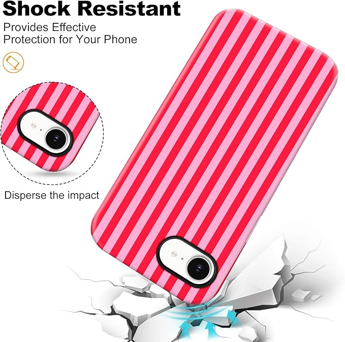 Magnetic for iPhone 16e Case Cute Stripes Phone Case, Shockproof Slim TPU and Hard PC Protective Phone Cover Compatible with MagSafe Designed for Women Girls, Red and Pink