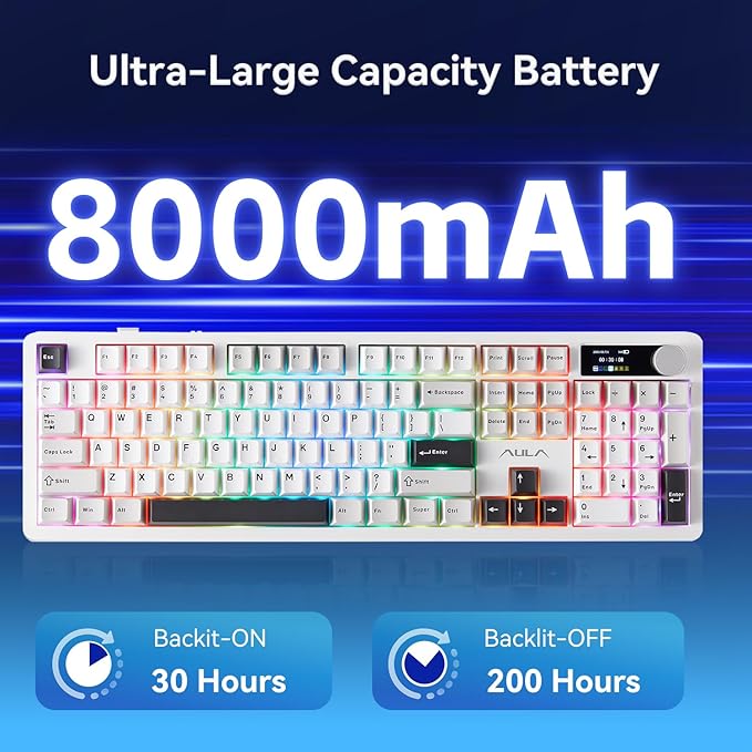 AULA F106PRO Wireless Keyboard, Full Size Mechanical Keyboard with Media Knob & Screen, 8000mAh Battery Hot Swappable Custom PBT keycaps Gaming Keyboard - Blaze Switch,Black White Grey