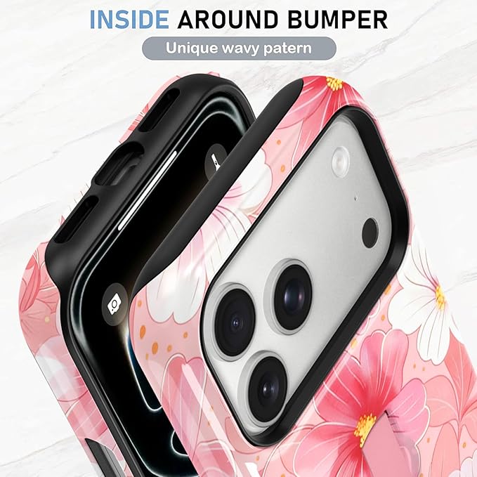 KANGHAR Compatible with iPhone 17 Pro Case, Support for MagSafe, Silicone Flower Floral Cute Pattern, Finger Hold Wristband Kickstand Camera Protection Soft Slim Phone Case for Girls Women -Pink