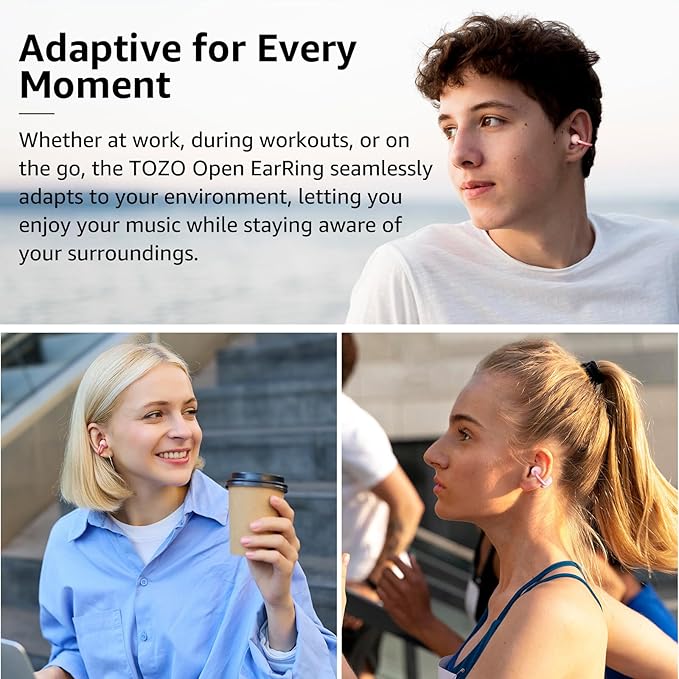 TOZO OpenEarRing True Open Ear Earbuds, Lightweight Comfort Open Ear Clip Wireless Earbuds, 40H Play Bluetooth 5.4 Headphones with Smart Digital Display Design Fit Sports Running, Workout Rose Gold