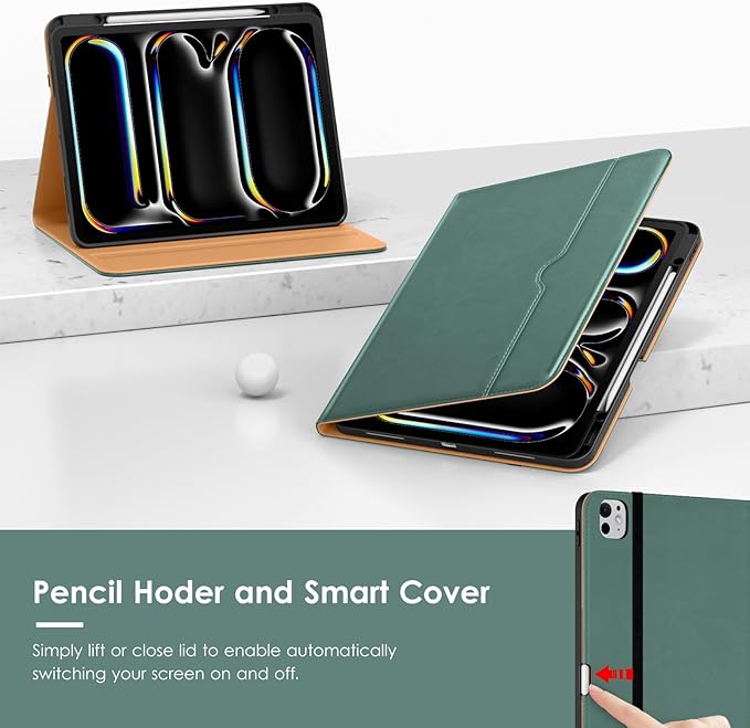 VIKESI Case for iPad Pro 13-inch M5 or M4 Released in 2025 or 2024, Leather Stand Cover with Apple Pencil Holder, Auto Wake/Sleep, Multiple Viewing Angles, Built in Hand Strap & Pocket,Midnight Green
