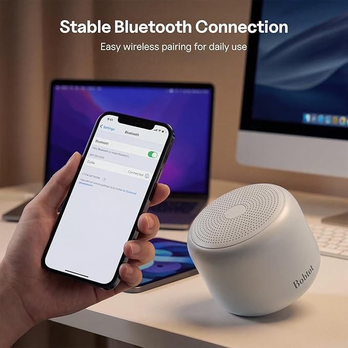 Bobtot Portable Bluetooth Speakers with Strap Easy to Carry, Wireless Waterproof Mini Speaker with Loud Stereo Sound, 20 Hours Playtime, Rechargeable Battery, Built-in Microphone, Light Gray