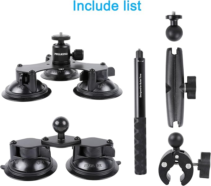 PellKing Suction Car Mount for Insta360 x5,x4, x3, x2, x,One RS,R Compatible with GoPro Max DJI OSMO 360 Camera 5 in 1 Suction Mount Kit for Action Cameras (Includes 44.9-inch Selfie Stick)