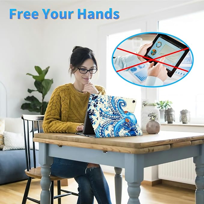 for Amazon Kindle Fire 7 (12th Generation, 2022 Release) 7" Tablet Case, Slim Kickstand Stand Leather Smart Cover with Auto Wake/Sleep, Blue Octopus