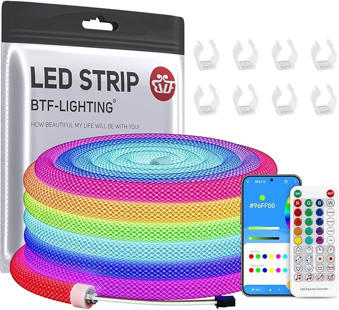 BTF-LIGHTING 13.1FT WS2811 WS2812B IC RGB DC5V 360 Degree Round Reticulate Chasing Color Neon LED Strip Kit Bluetooth Controller Flexible Silicone IP67 Waterproof Rope Light for Home Decor(No Adapter)