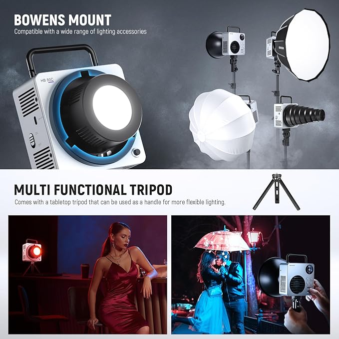 NEEWER 80W RGBWW LED Video Light with 72Wh Battery, 100W PD Fast Charger, APP/2.4G Control, 10400lux/m 2500K-7500K, Mini RGB Bowens Mount Studio Photography Recording Continuous Output Lighting, HB80C