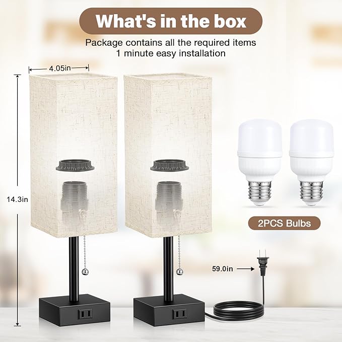 Bedside Table Lamps for Bedroom Set of 2 - Small Rectangular Nightstand Lamp with AC Outlet Charging Port, 3 Color Temperatures Desk Light with Bulb, Tabletop Reading Lamp for Living Room/Dorm/Office