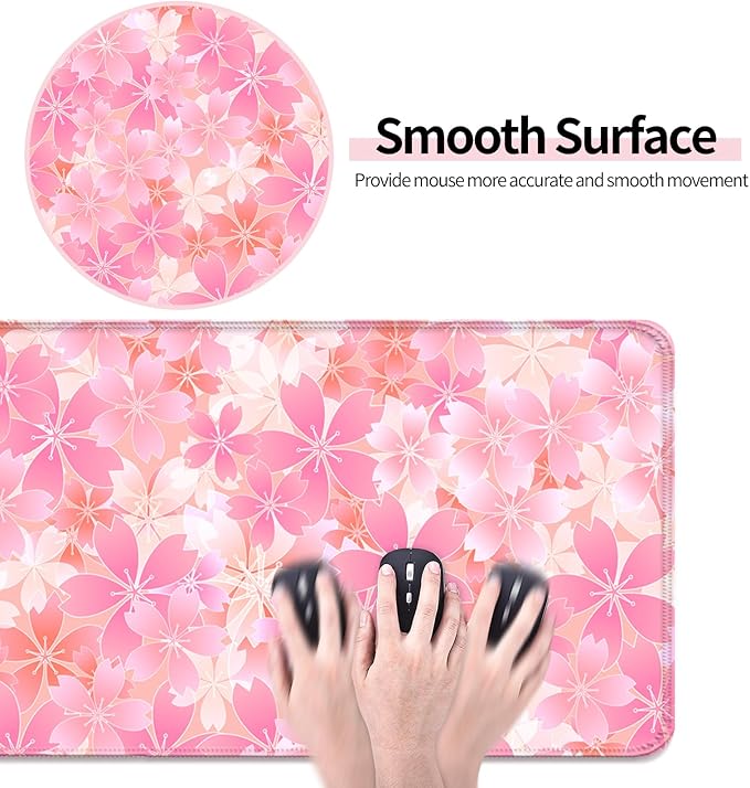 Japanese Cherry Blossom Gaming Desk Mat, Computer Keyboard Large Extended Flowers Mouse Pad for Office and Home, 31.5×11.8 Inches, XL, Pink