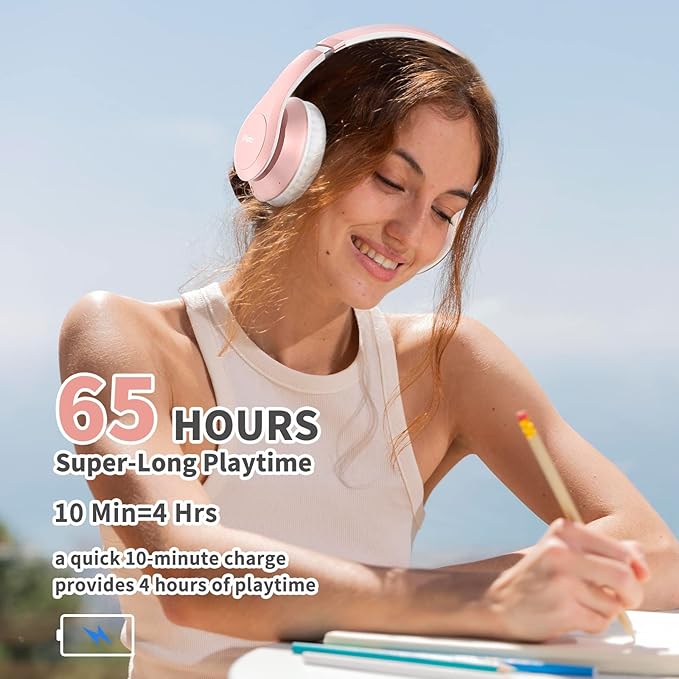 Uliptz Wireless Bluetooth Headphones, 65H Playtime, 6EQ Sound Modes, HiFi Stereo Over Ear Headphones with Microphone, Foldable Bluetooth 6.0 Headphone for Travel/Office/Cellphone/PC (Rose Gold)