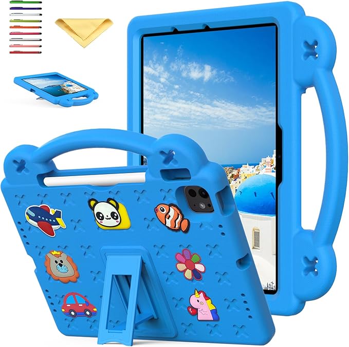 for Apple iPad Pro 11 Inch Kids Case (M5/M4) 2025/2024 with Pencil Holder/Kickstand/Handle Stand Slim Lightweight Cute DIY Soft EVA Shockproof Rugged Silicone Girls Boys Cover, Sky Blue Bear
