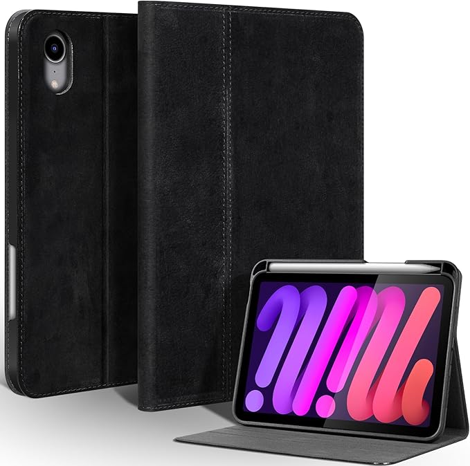 Gexmil Leather Case for iPad mini 7 (A17 Pro) 2024 / iPad mini 6 Generation 2021 8.3 Inch,Premium Cowhide Cover with Pencil Holder,Adjustable Stand, Auto Wake/Sleep,Sanded Black