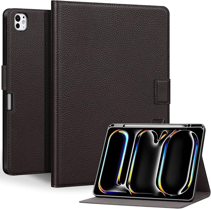 Genuine Leather Case for iPad Pro 13 inch (M5/M4) 2025/2024 with Pencil Holder | Slim Protective Cover with Adjustable Stand,Magnetic Closure,Auto Wake/Sleep, Premium Leather | Dark Brown