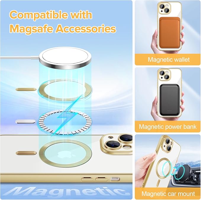 Hython Magnetic Clear for iPhone 14 Case with Camera Lens Protector [Compatible with MagSafe] Luxury Plating Edge Slim Soft TPU Cover Protective Phone Case for iPhone 14 6.1", Matte Gold