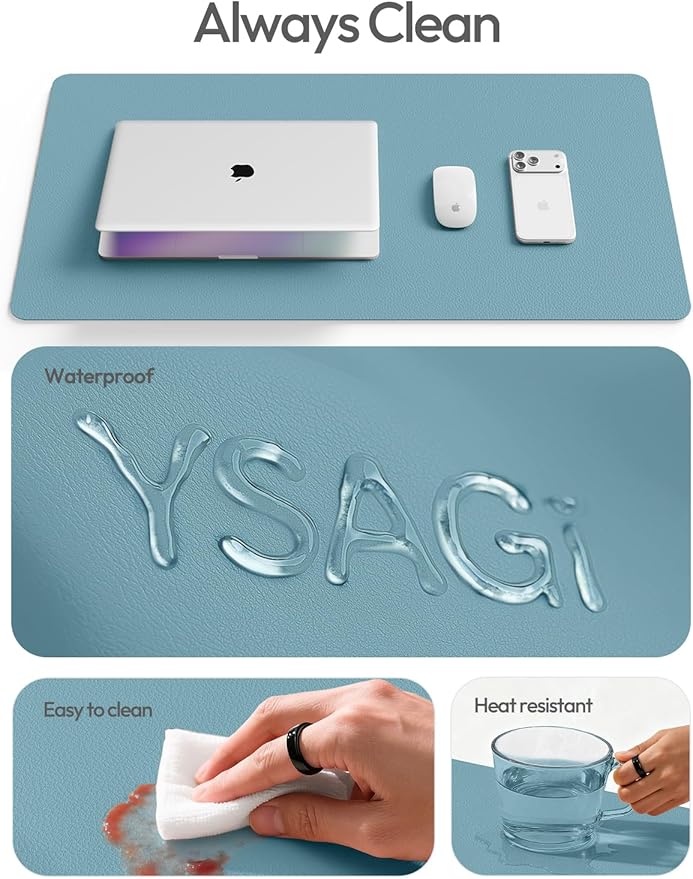 YSAGi Leather Desk Pad Protector, Office Desk Mat, Large Mouse Pad, Non-Slip PU Leather Desk Blotter, Laptop Desk Pad, Waterproof Desk Writing Pad for Office and Home (Aquamarine, 31.5" x 15.8")