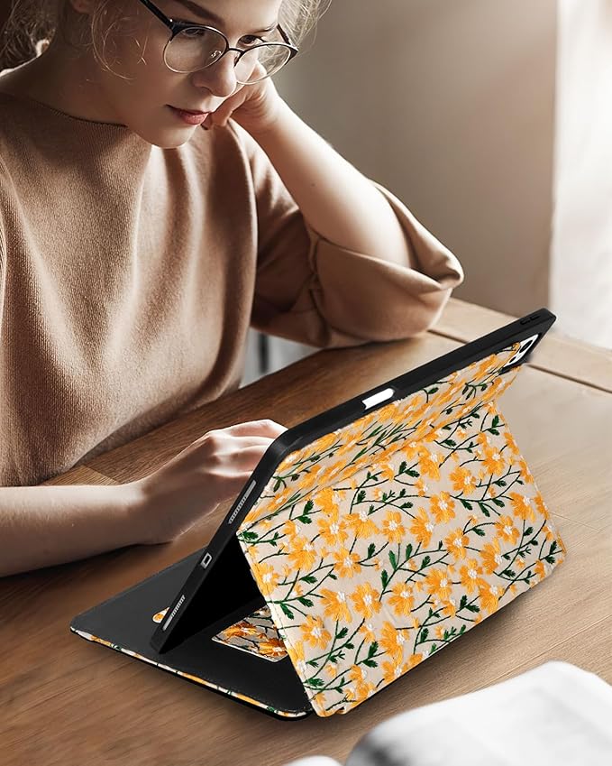 Uppuppy for iPad Air 13 Inch Case M3 2025/M2 2024, for iPad Pro 12.9 Case 6th/5th/4th/3rd Gen - Women Girls Cute Embroidered Folio Stand Cover with Pencil Holder & Card Slot Design Girly Yellow Daisy