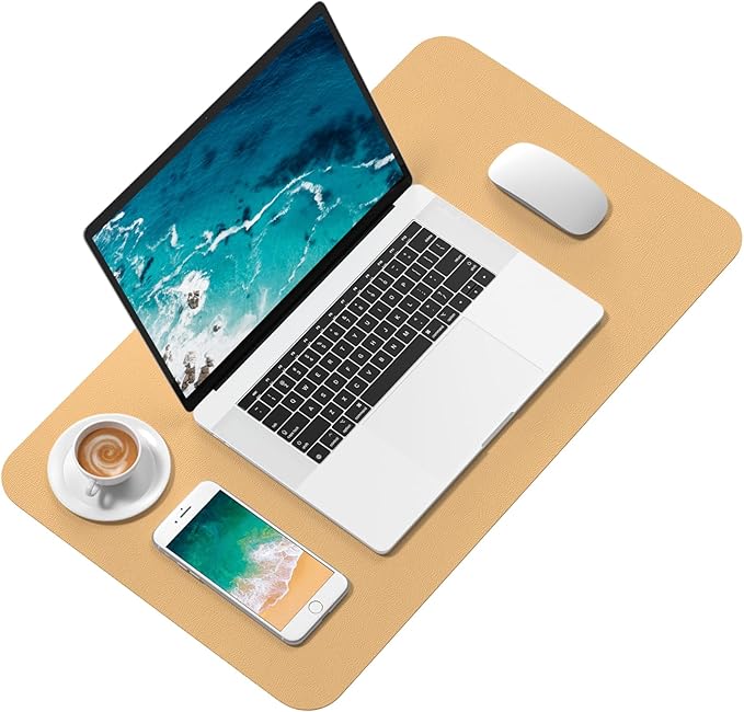Hsurbtra Desk Pad, 23.6" x 13.8" PU Leather Desk Mat, M Extended Mouse Pad, Waterproof Desktop Blotter Protector, Non-Slip Ultra Thin Small Laptop Keyboard Writing Mat for Office Home, Earth Yellow