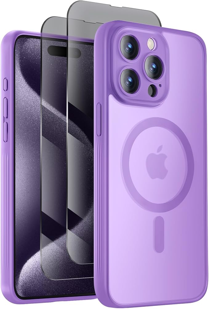 Symcele Designed for iPhone 15 Pro Max Case, Compatible with MagSafe, with Privacy Screen Protectors X2, [Camera Protection] [15FT Military Drop Protection] Shockproof Phone Case, 6.7", Light Purple