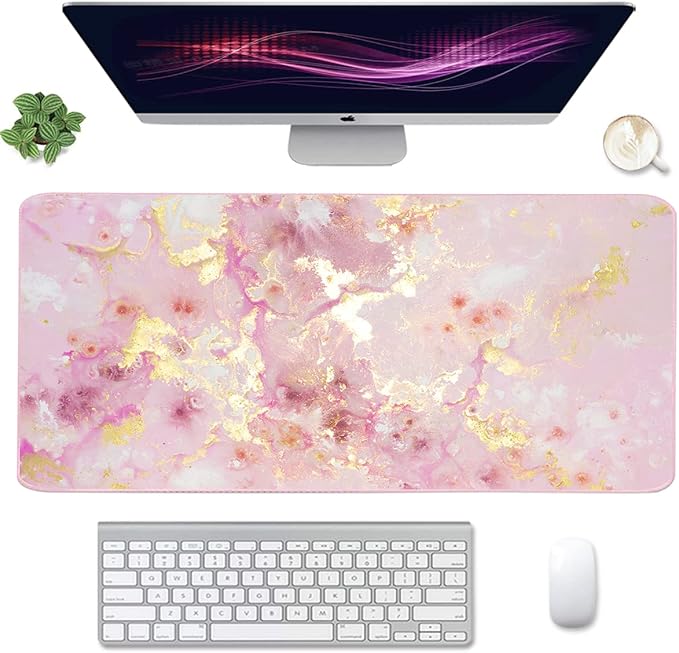 Extended Gaming Mouse Pad(35.4x15.7 in), Large Desk Pad Laptop Computer Keyboard Mat Waterproof Desk Decor Writing Pad for Work, Game, Office, Home - Pink Gold Marble