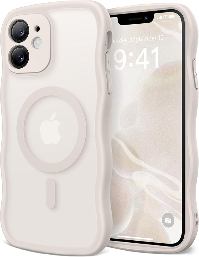 CAPRARO Cute for iPhone 11 Case, Compatible with MagSafe, [Curly Wave Edge] [Full Camera Protection] [14 FT Drop Protection] Magnetic Phone Case for 11 6.1 Inch, Stone