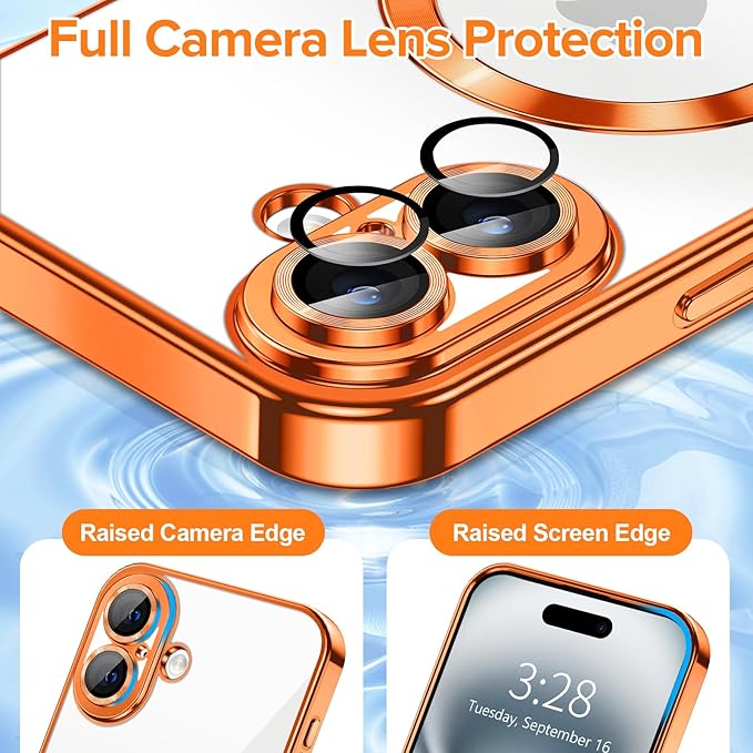 Hython Magnetic Clear for iPhone 16 Case with Camera Lens Protector [Compatible with MagSafe] Luxury Plating Edge Slim Soft TPU Cover Protective Phone Case for iPhone 16 6.1", Orange
