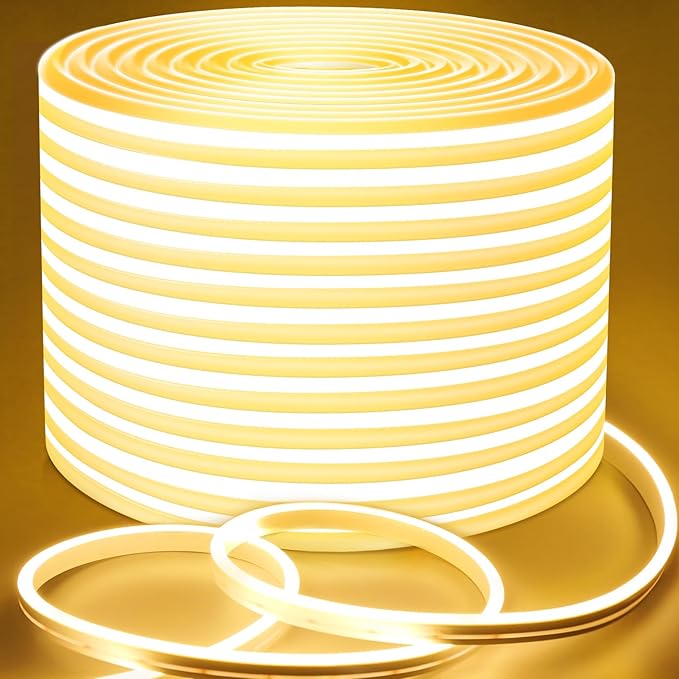 Lamomo Outdoor Neon Rope Lights, 49.2ft Warm White IP65 Waterproof Dimmable Led Strip Lights, 24V 3000K Silicone 1800 LEDs Neon Lights for Indoor, Kitchen, Bedroom