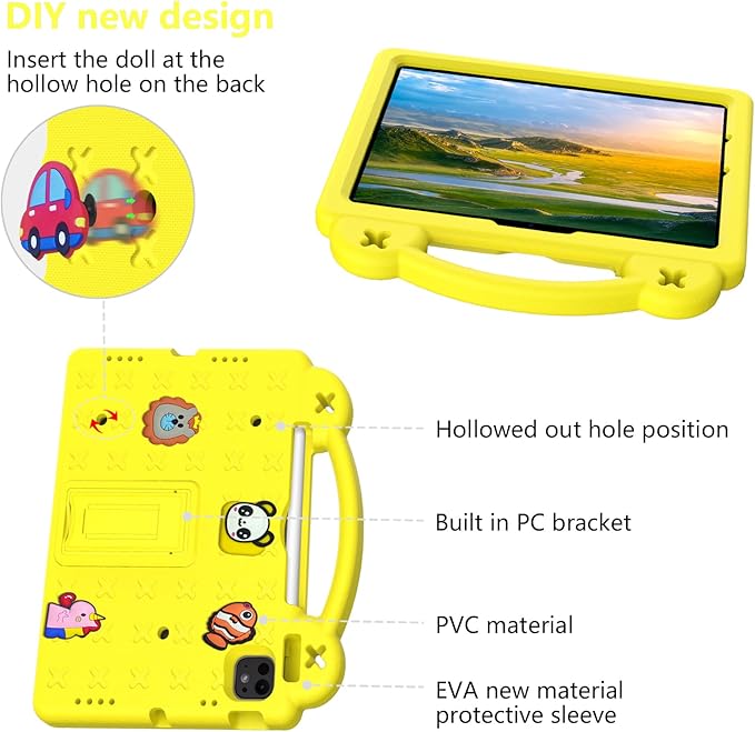 Dteck Case for iPad Air 5th/4th Gen 10.9" 2022/2020,iPad Pro 11 inch 4th/3rd/2nd/1st Gen,Cartoon Panda Shockproof Rugged Lightweight Convertible Handles Stand Kids Friendly Pencil Holder Case,Yellow