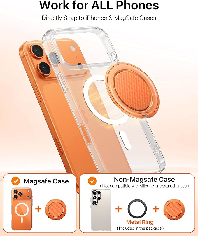 andobil [2026 Ultra-Thin] Magnetic Phone Grip for MagSafe [360° Rotate] Magnetic Cell Phone Ring Holder & Kickstand for MagSafe Accessories & iPhone 17 Air 16 Pro Max Plus 15 14 13 12, Orange