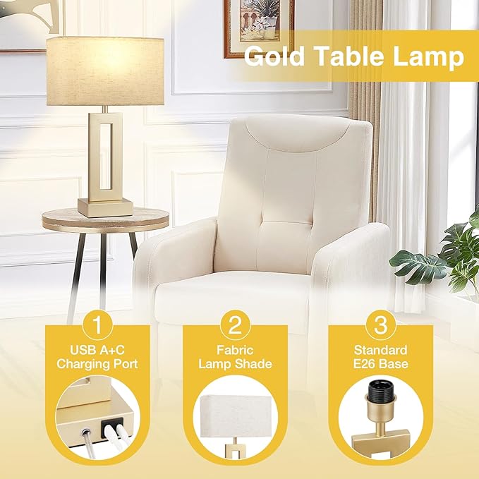 Seealle Bedroom Table Lamps Set of 2 - Beige Gold Touch Bedside Lamps with USB C+A, 3 Way Dimmable Gold Lamp for Nightstand, Modern Night Stands Lamps for Living Room