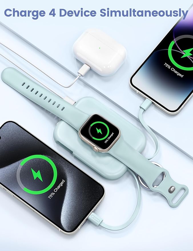 RORRY Portable Charger, 5000mAh Portable Charger Power Bank with Built-in Cables, Travel Keychain Battery Pack for Apple Watch Ultra/11/10/9/8/7/6/SE, iPhone Air/17/16/15/14/13/12, Blue