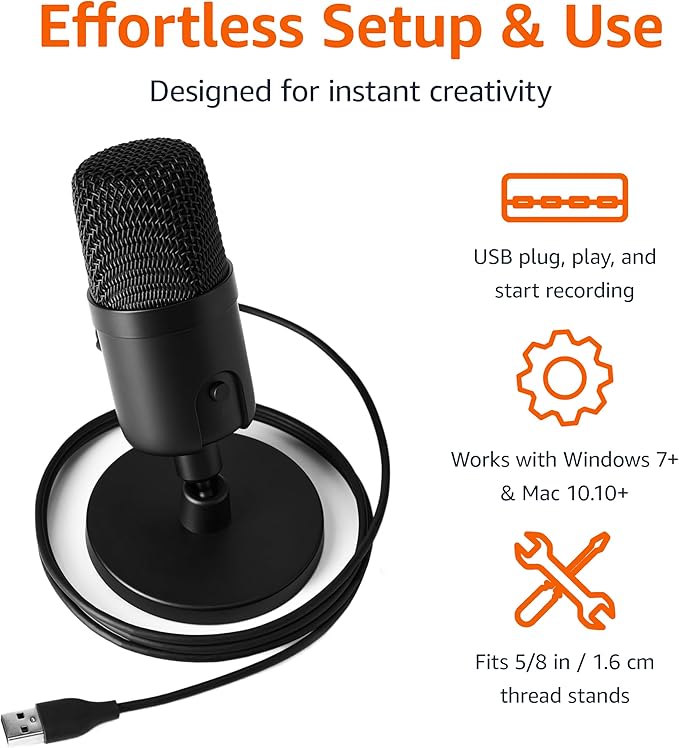Amazon Basics USB Condenser Microphone for Streaming, Recording, and Podcasting on PC, Plug and Play, Cardioid Pickup, Adjustable Stand with 360° Rotation, Clear Sound, 5.8 x 3.4 inches, Black