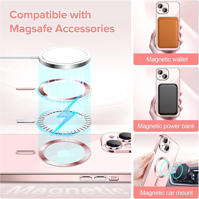 Hython Magnetic Clear for iPhone 15 Case with Camera Lens Protector [Compatible with MagSafe] Luxury Plating Edge Slim Soft TPU Cover Protective Phone Case for iPhone 15 6.1", Pink