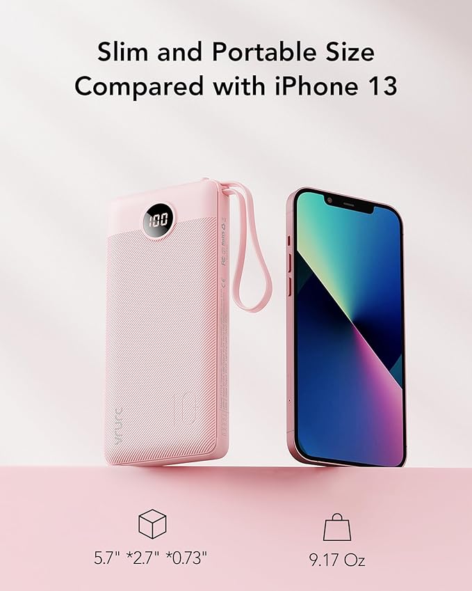 VRURC Portable Charger Power Bank, 10000mAh Travel Essentials Battery Pack, Compact USB C Charging Bank Built-in Cables Cords Compatible with iPhone 17 Pro 17 16 15 14 13,Samsung-Pink(1 Pack)