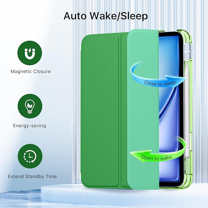 MoKo for iPad Air 11 inch Case (M4/M3/M2) 2026/2025/2024, iPad Air 5th/4th Gen 10.9 inch Case 2022/2020 with Pencil Holder, Slim Light Trifold Cover with Hard PC Translucent Back Shell, Forest Green