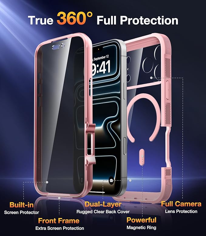 Diaclara Magnetic Designed for iPhone 17 Pro Max Case Full Body Bumper,[Compatible with MagSafe] Military Drop Proof Cover with Built-in Privacy Screen Protector,Pink