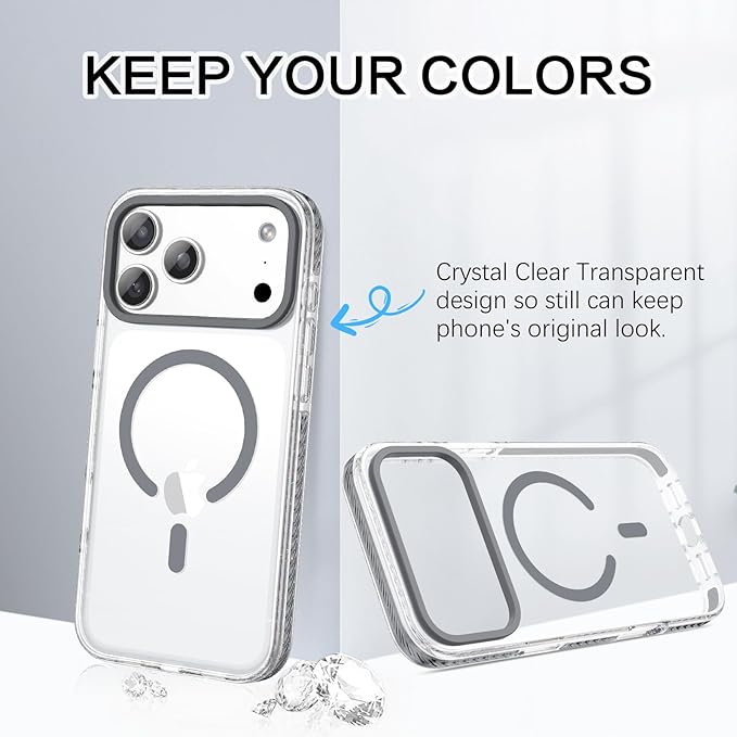 BENTOBEN Magnetic for iPhone 17 Pro 6.3" Case, Compatible with Magsafe Military Shockproof Protective Cute Transparent Slim Anti-Yellowing Phone Case for iPhone 17 Pro Cover, Clear Gray