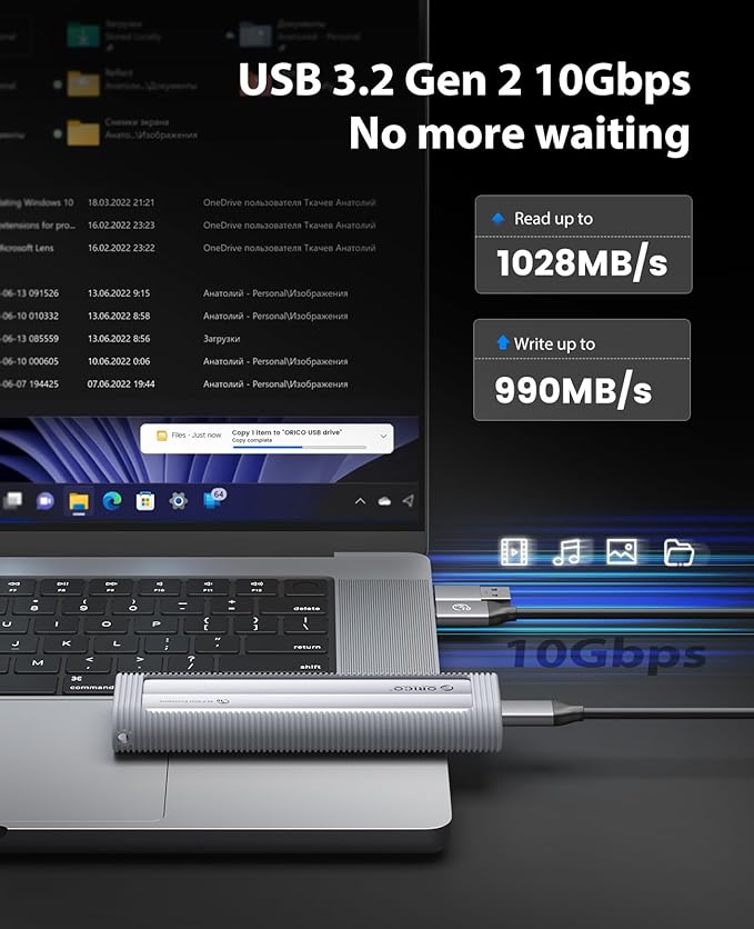 ORICO Aluminum M.2 NVMe SSD Enclosure, USB 3.2 Gen 2(10Gbps ) to Tool-Free NVMe PCI-E M.2 SSD Case, Support UASP for M/B&M Keys Size 2230/2242/2260/2280
