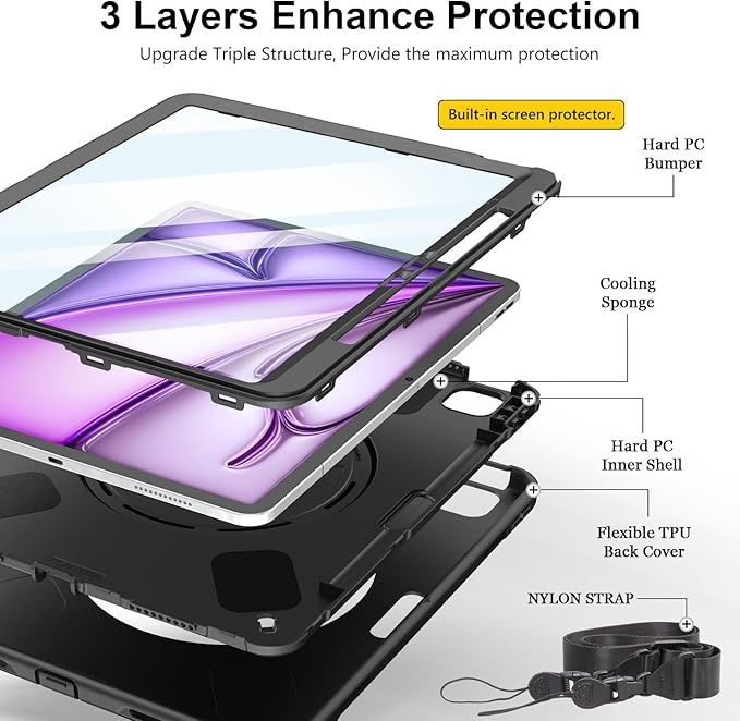 Case for iPad Air 13 Inch M4/M3/M2 (2026/2025/2024): TPU Shockproof Case with Screen Protector - Stand - Handle - Shoulder Strap - Pen Holder-Black