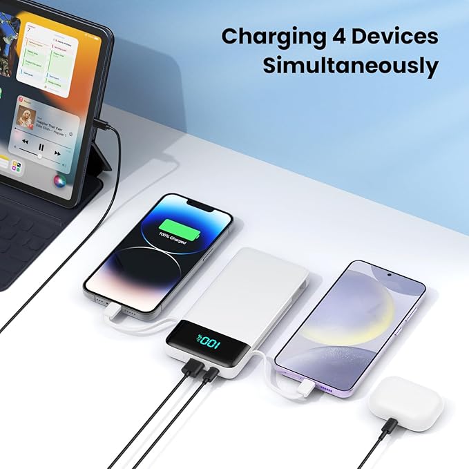 Portable Charger for iPhone,13800mAh Slim Power Bank with Built-in Cables & AC Wall Plug,All in One 4 Outputs USB C Fast Charging Battery Pack Travel Essential for iPhone 17/16/15/14,Android (White)
