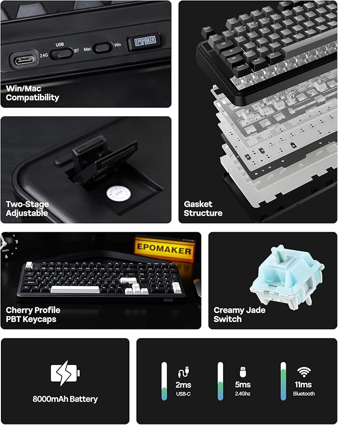 EPOMAKER TH99 Tri-Mode Wireless Mechanical Keyboard with 8000mAh Battery, Hot Swappable Custom RGB Gaming Keyboard with Numpad, Gasket Creamy for PC/Mac/Office (Black, Creamy Jade)