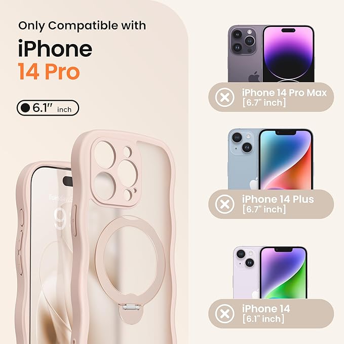 CAPRARO for iPhone 14 Pro Case with 360° Spin Magnetic Stand for Women, [Compatible with MagSafe] [Full Camera Protection] Cute Wave Translucent Matte Case for iPhone 14 Pro, Rose Gold