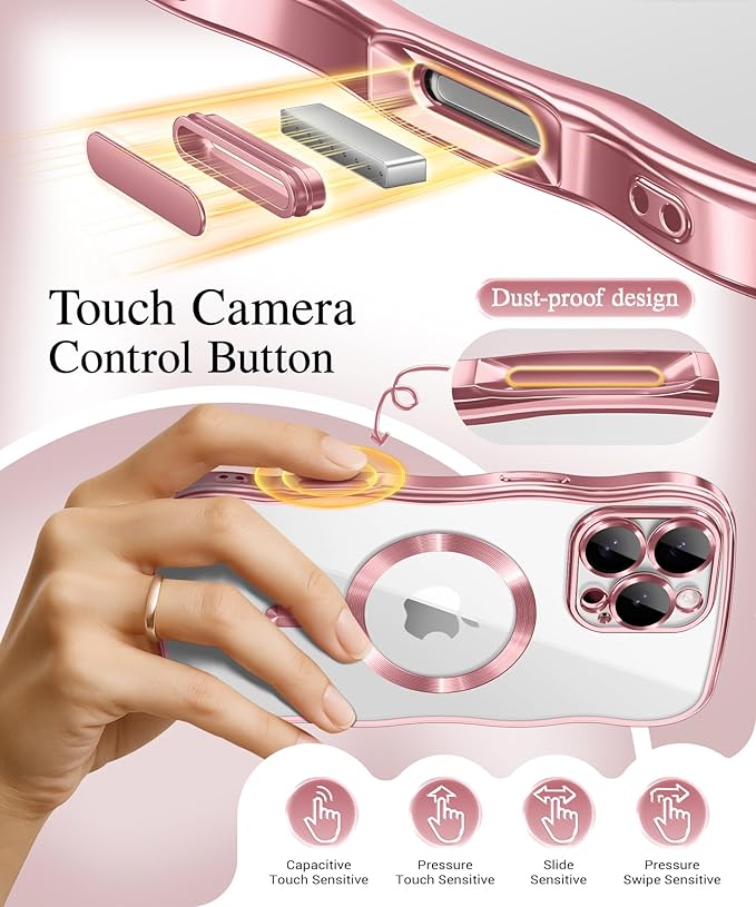 GVIEWIN for iPhone 16 Pro Case Compatible with MagSafe, Upgraded [Full Camera Protection][Cute Wave Frame][Military Grade Protection] Electroplated Soft Phone Cover for Women Girl, Clear/Pink