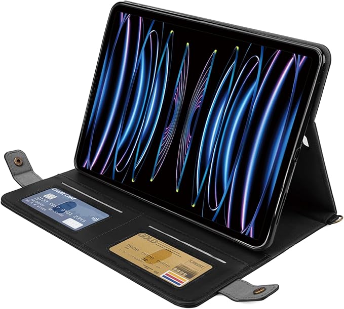 Handbag Case for iPad Pro 11" 2018-2022 / Air 11" 2025 2024 10.9" - Techcircle Folio Stand iPad Crossbody Wallet Case with Pencil Holder, Hand Strap+Shoulder Strap Protective Cover, Black