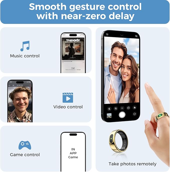 Smart Ring with Instant Notification Alerts & Gesture Control - Sleep Tracker Ring, Fitness Ring for Steps & Heart Rate, IP68 Waterproof (Gold, 10)