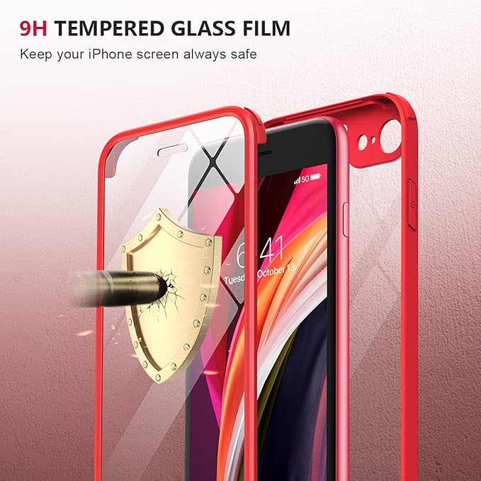 Miracase for iPhone SE Phone Case 3rd/2nd Generation 2022 2020 Full-Body with Built-in Glass Screen Protector, Heavy Duty 360° Protective Shockproof Bumper Cover for iPhone 8/SE 4.7 Inch, Red