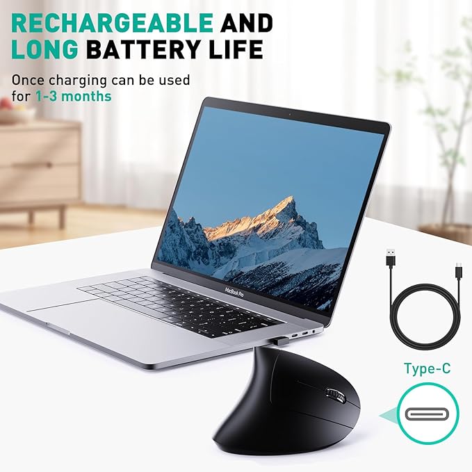 JYKEYMOUT Bluetooth+USB A+USB C(3 in 1)Rechargeable Ergonomic Mouse, Wireless Vertical Design, 5 Adjustable Levels Up to 4800 DPI, 2.4G Carpal Tunnel Silent Mice for PC,Laptop,MacBook,Chromebook-Black