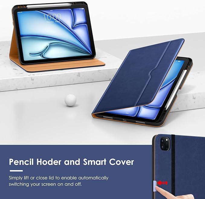 VIKESI Case for iPad Air 13 inch (M3) 2025 / (M2) 2024,Premium Leather Folio,Apple Pencil Holder,Auto Sleep/Wake,Stand Cover - Navy Blue