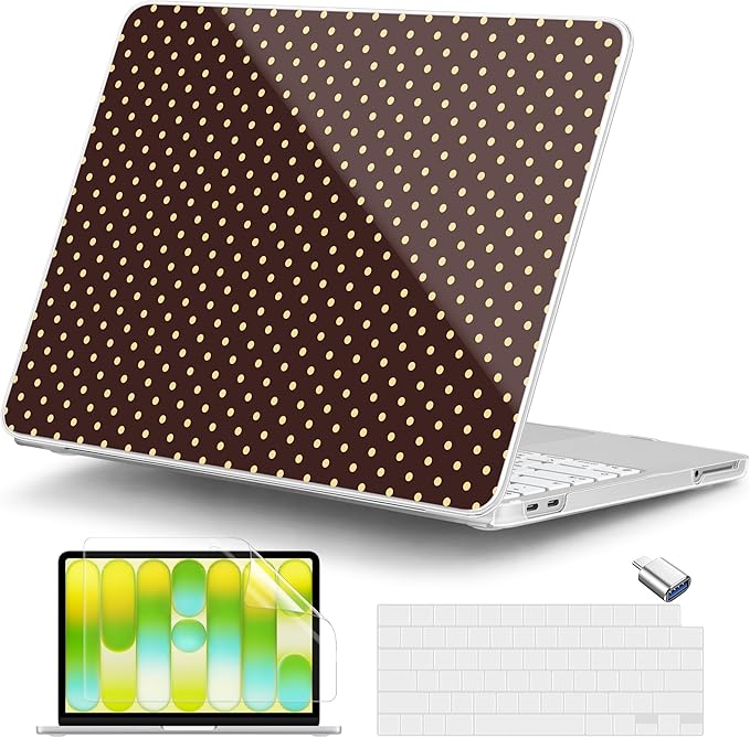 DONGKE for MacBook Neo 13 Inch Case 2026 (Model A3404, A18 Pro chip), Stylish Pattern Protective Hard Shell with Screen Protector, Keyboard Cover & USB-C Adapter - Brown Polka Dots